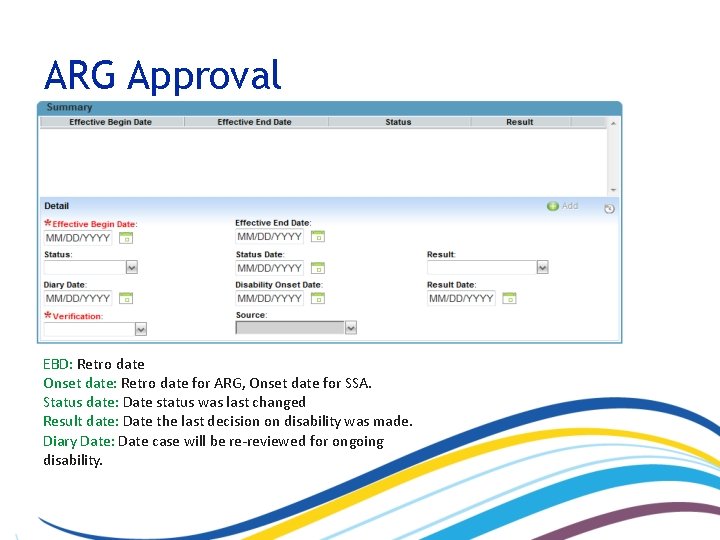 ARG Approval EBD: Retro date Onset date: Retro date for ARG, Onset date for