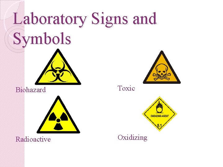 Laboratory Signs and Symbols Biohazard Toxic Radioactive Oxidizing 