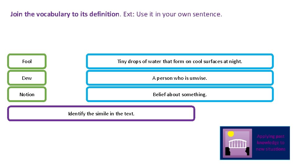 Join the vocabulary to its definition. Ext: Use it in your own sentence. Fool