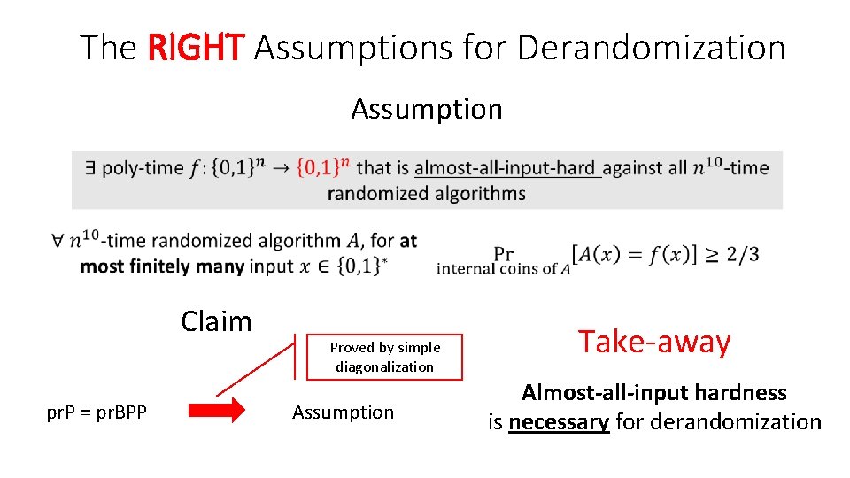 The RIGHT Assumptions for Derandomization Assumption Claim pr. P = pr. BPP Proved by The RIGHT Assumptions for Derandomization Assumption Claim pr. P = pr. BPP Proved by