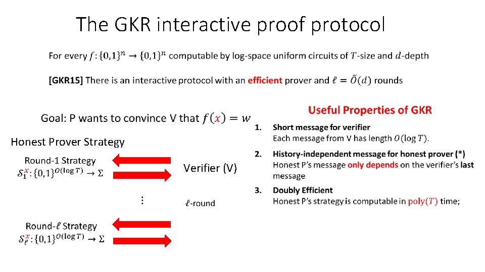 The GKR interactive proof protocol Honest Prover Strategy Verifier (V) The GKR interactive proof protocol Honest Prover Strategy Verifier (V)