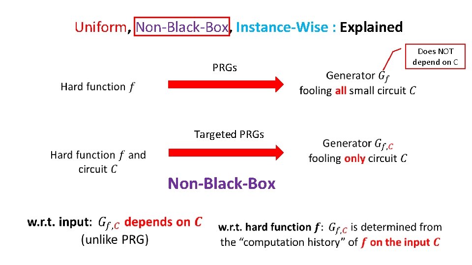 Uniform, Non-Black-Box, Instance-Wise : Explained PRGs Targeted PRGs Non-Black-Box Does NOT depend on C Uniform, Non-Black-Box, Instance-Wise : Explained PRGs Targeted PRGs Non-Black-Box Does NOT depend on C