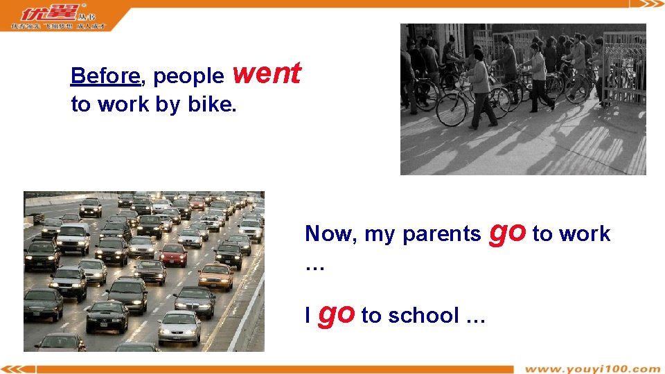 Before, people went to work by bike. Now, my parents go to work …