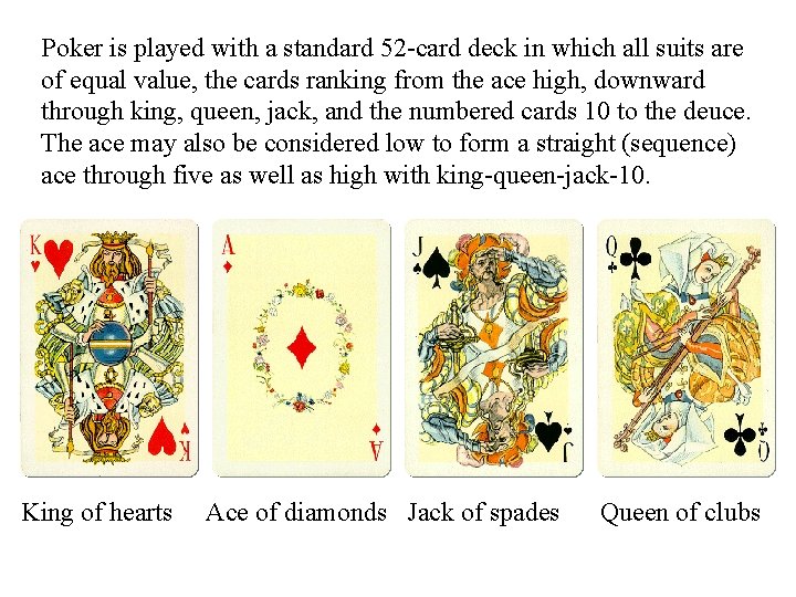 Poker is played with a standard 52 -card deck in which all suits are