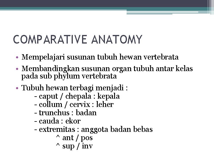 COMPARATIVE ANATOMY • Mempelajari susunan tubuh hewan vertebrata • Membandingkan susunan organ tubuh antar