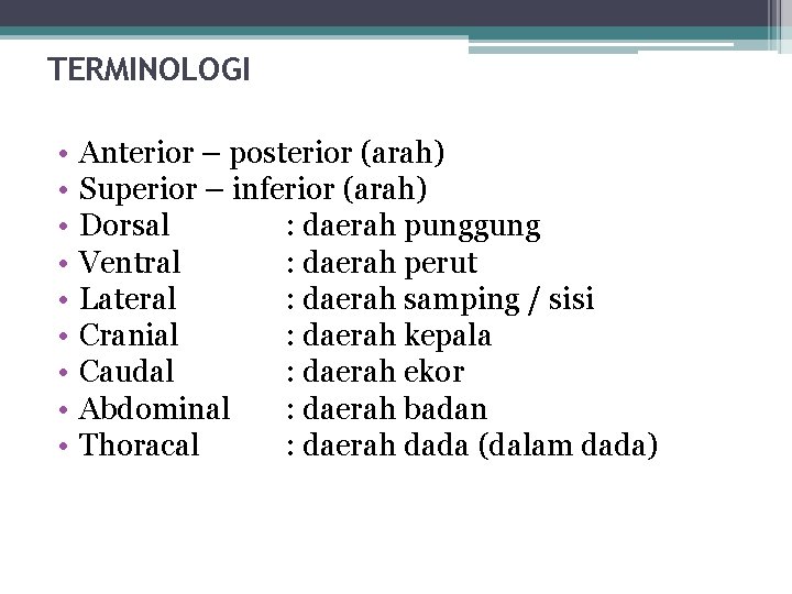 TERMINOLOGI • • • Anterior – posterior (arah) Superior – inferior (arah) Dorsal :