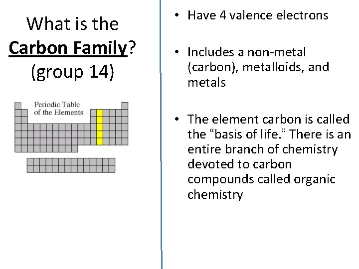 What is the Carbon Family? (group 14) • Have 4 valence electrons • Includes