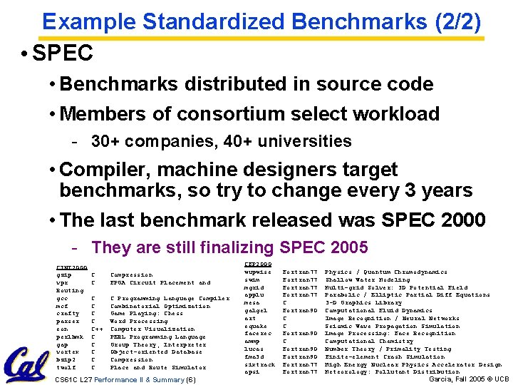 Example Standardized Benchmarks (2/2) • SPEC • Benchmarks distributed in source code • Members Example Standardized Benchmarks (2/2) • SPEC • Benchmarks distributed in source code • Members