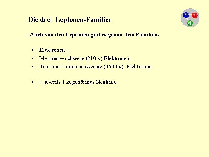 Die drei Leptonen-Familien Auch von den Leptonen gibt es genau drei Familien. • Elektronen