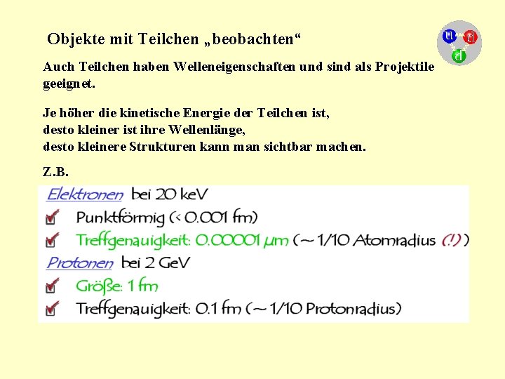 Objekte mit Teilchen „beobachten“ Auch Teilchen haben Welleneigenschaften und sind als Projektile geeignet. Je