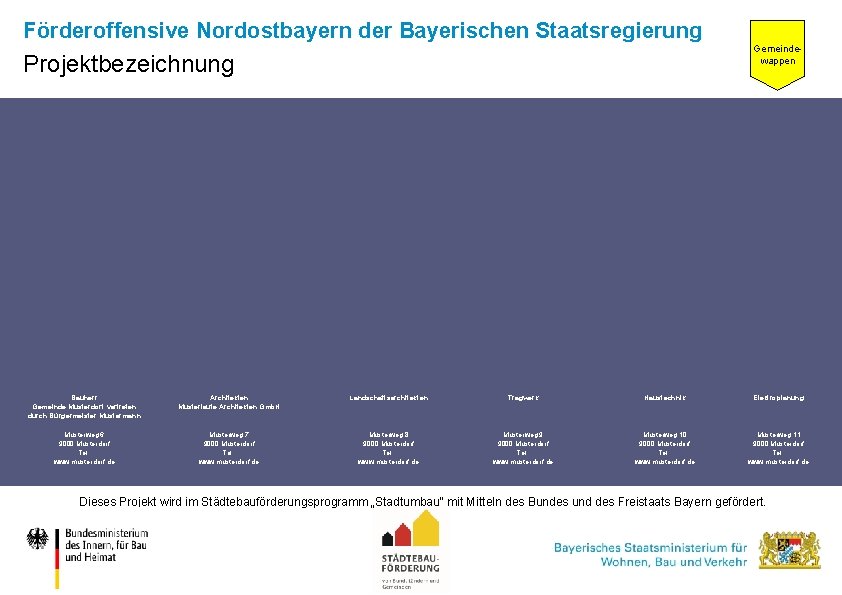 Förderoffensive Nordostbayern der Bayerischen Staatsregierung Gemeindewappen Projektbezeichnung Bauherr Gemeinde Musterdorf vertreten durch Bürgermeister Mustermann