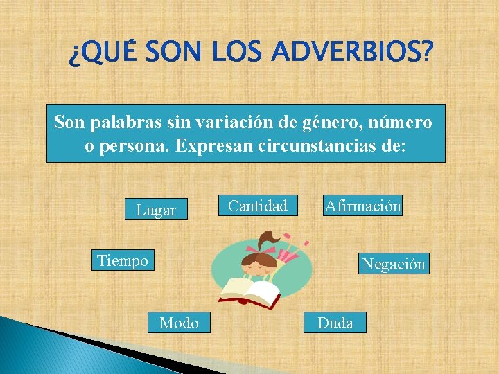 Son palabras sin variación de género, número o persona. Expresan circunstancias de: Lugar Cantidad