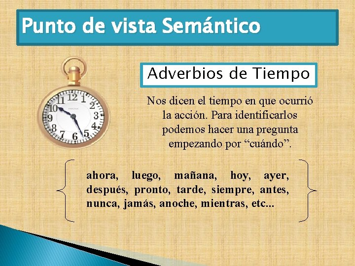 Punto de vista Semántico Adverbios de Tiempo Nos dicen el tiempo en que ocurrió