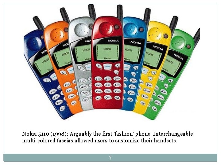 Nokia 5110 (1998): Arguably the first 'fashion' phone. Interchangeable multi-colored fascias allowed users to