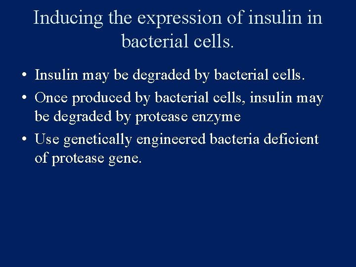 Inducing the expression of insulin in bacterial cells. • Insulin may be degraded by