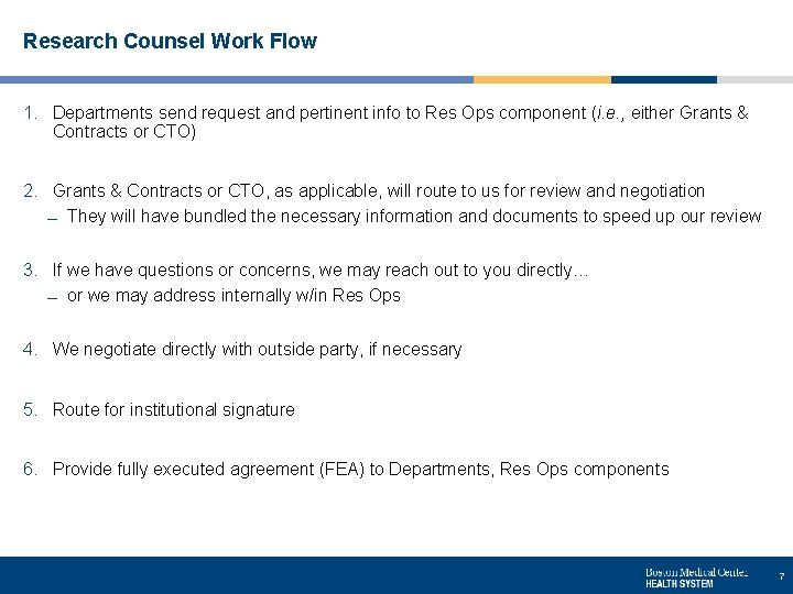 Research Counsel Work Flow 1. Departments send request and pertinent info to Res Ops