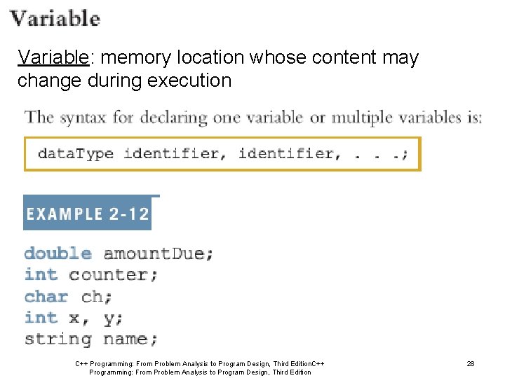 Variable: memory location whose content may change during execution C++ Programming: From Problem Analysis