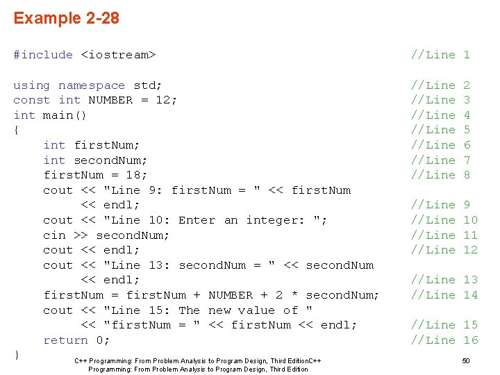 Example 2 -28 #include <iostream> //Line 1 using namespace std; const int NUMBER =