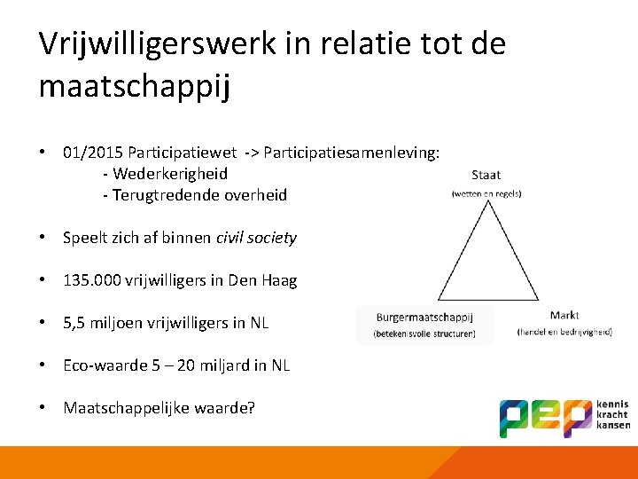 Vrijwilligerswerk in relatie tot de maatschappij • 01/2015 Participatiewet -> Participatiesamenleving: - Wederkerigheid -