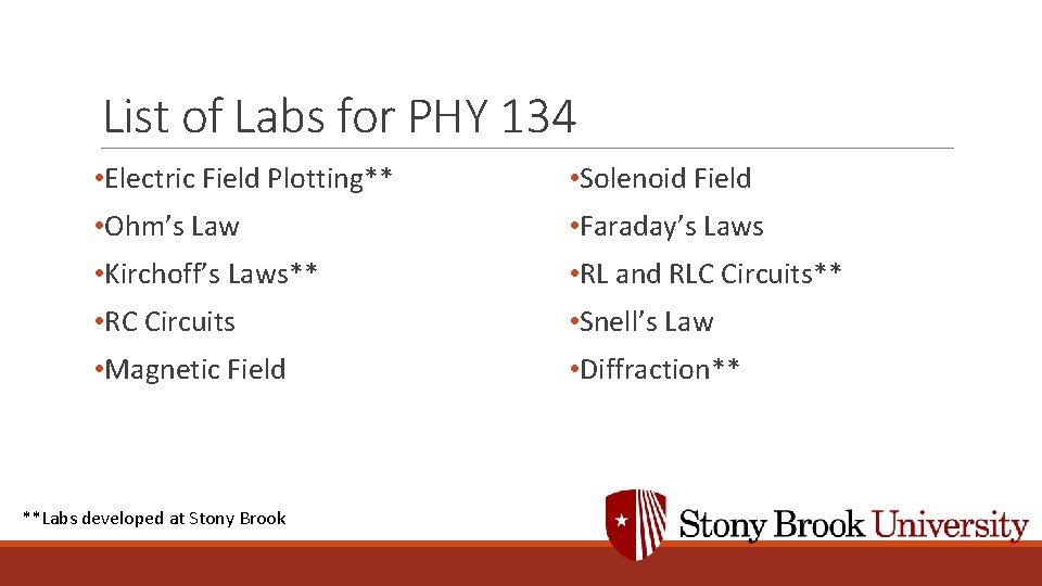 List of Labs for PHY 134 • Electric Field Plotting** • Solenoid Field •