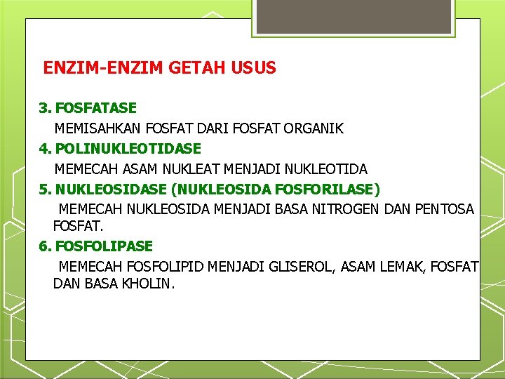 ENZIM-ENZIM GETAH USUS 3. FOSFATASE MEMISAHKAN FOSFAT DARI FOSFAT ORGANIK 4. POLINUKLEOTIDASE MEMECAH ASAM