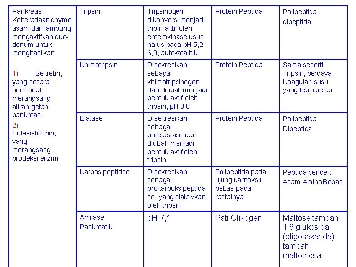 Pankreas : Keberadaan chyme asam dari lambung mengaktifkan duodenum untuk menghasilkan : 1) Sekretin,