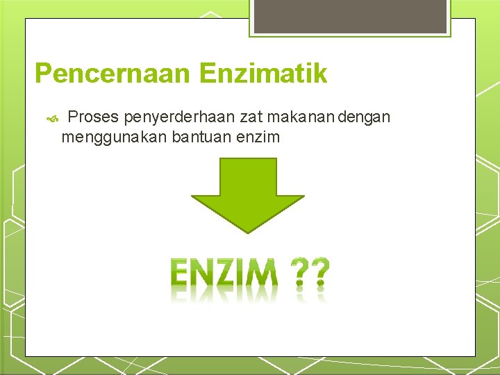 Pencernaan Enzimatik Proses penyerderhaan zat makanan dengan menggunakan bantuan enzim 