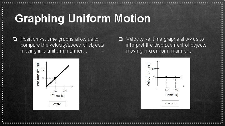 Graphing Uniform Motion ❏ Position vs. time graphs allow us to compare the velocity/speed