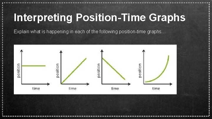 Interpreting Position-Time Graphs Explain what is happening in each of the following position-time graphs…