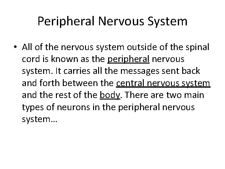 Peripheral Nervous System • All of the nervous system outside of the spinal cord