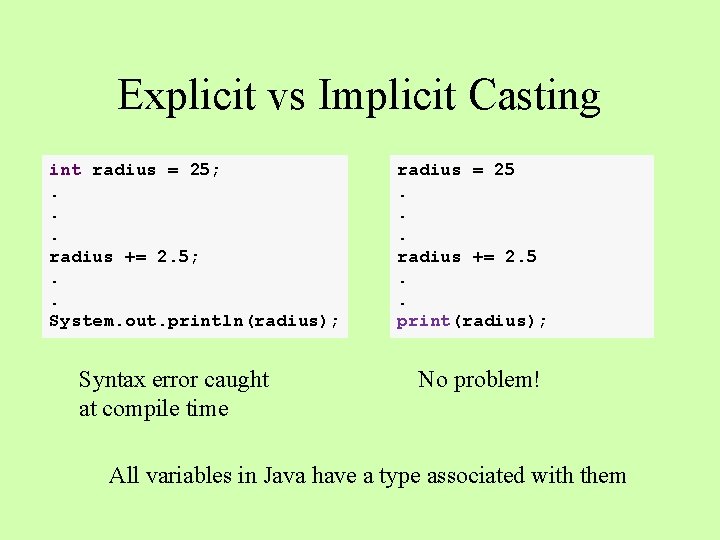 Explicit vs Implicit Casting int radius = 25; . . . radius += 2.