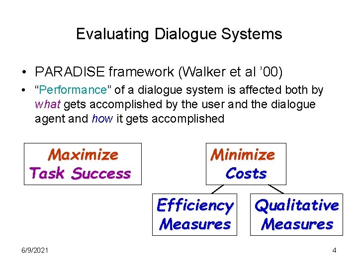 Evaluating Dialogue Systems • PARADISE framework (Walker et al ’ 00) • “Performance” of