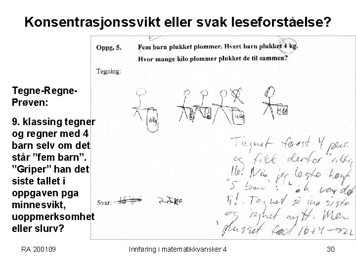 Konsentrasjonssvikt eller svak leseforståelse? Tegne-Regne. Prøven: 9. klassing tegner og regner med 4 barn