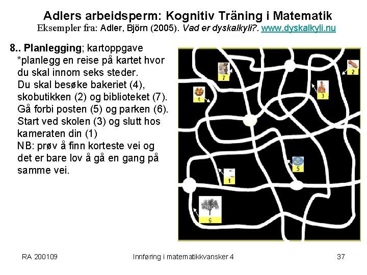 Adlers arbeidsperm: Kognitiv Träning i Matematik Eksempler fra: Adler, Björn (2005). Vad er dyskalkyli?