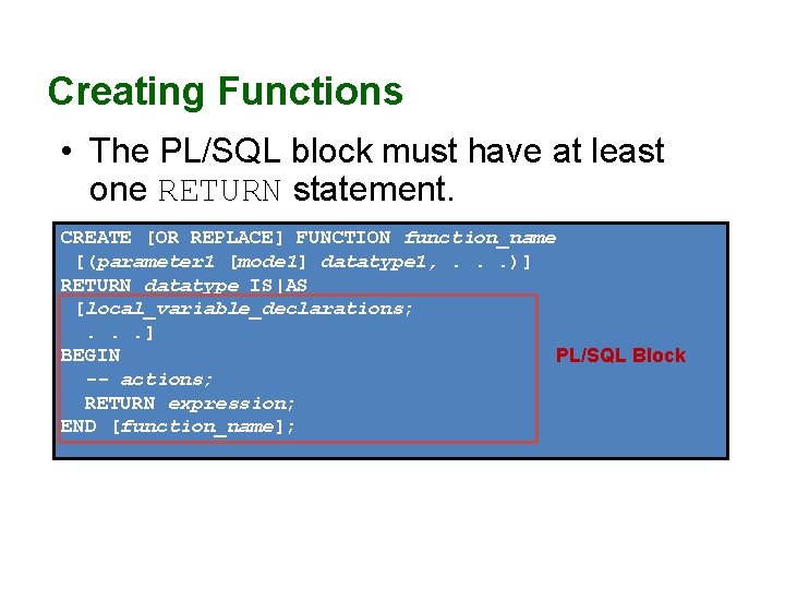 Creating Functions • The PL/SQL block must have at least one RETURN statement. CREATE Creating Functions • The PL/SQL block must have at least one RETURN statement. CREATE