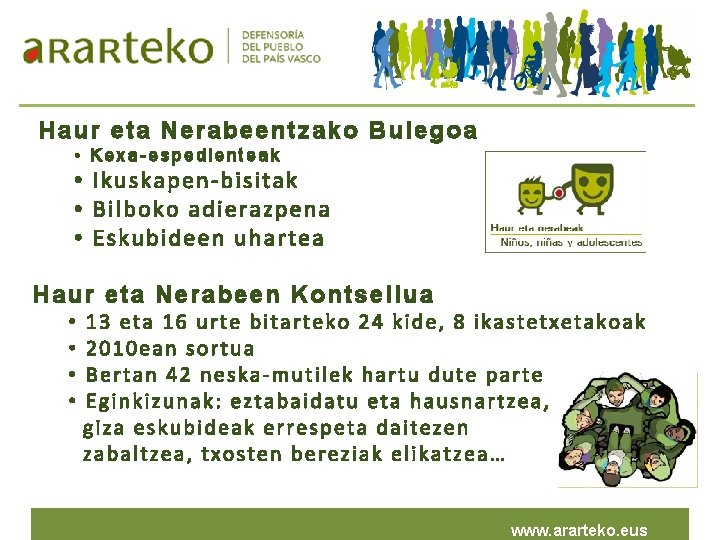 Haur eta Nerabeentzako Bulegoa • Kexa-espedienteak • Ikuskapen-bisitak • Bilboko adierazpena • Eskubideen uhartea