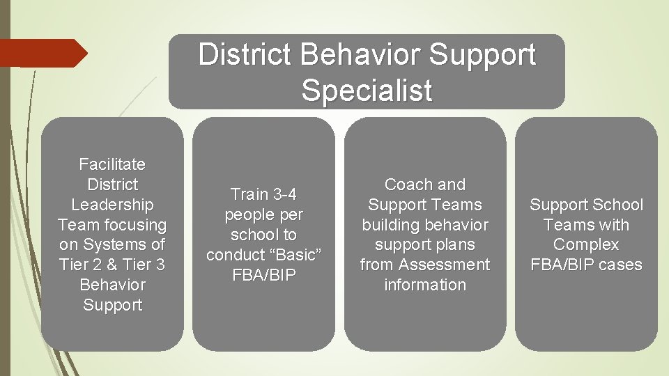 District Behavior Support Specialist Facilitate District Leadership Team focusing on Systems of Tier 2