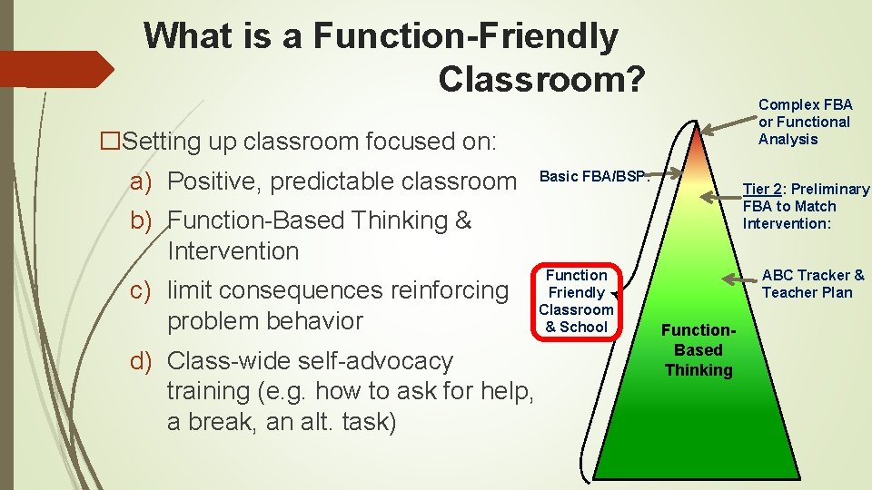 What is a Function-Friendly Classroom? Complex FBA or Functional Analysis �Setting up classroom focused