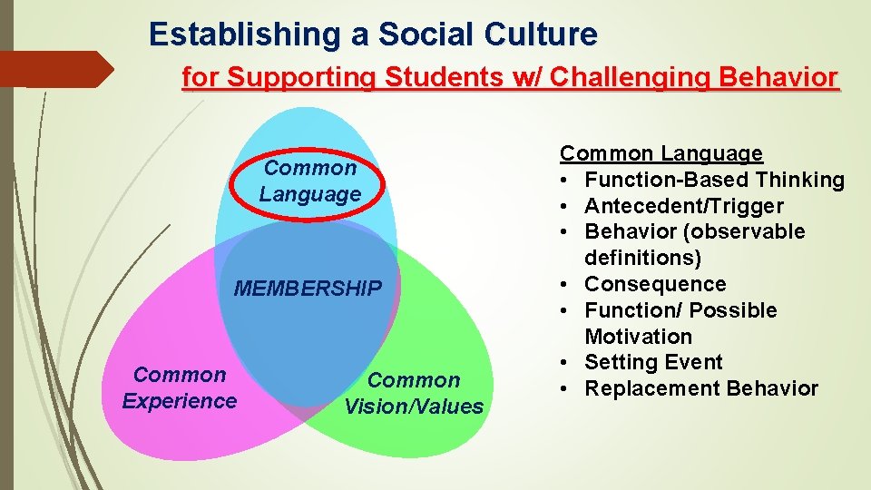 Establishing a Social Culture for Supporting Students w/ Challenging Behavior Common Language MEMBERSHIP Common