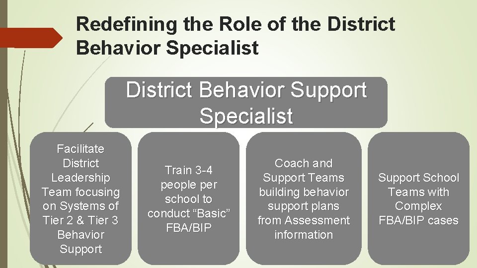 Redefining the Role of the District Behavior Specialist District Behavior Support Specialist Facilitate District