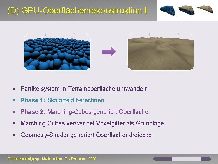 (D) GPU-Oberflächenrekonstruktion I § Partikelsystem in Terrainoberfläche umwandeln § Phase 1: Skalarfeld berechnen § (D) GPU-Oberflächenrekonstruktion I § Partikelsystem in Terrainoberfläche umwandeln § Phase 1: Skalarfeld berechnen §