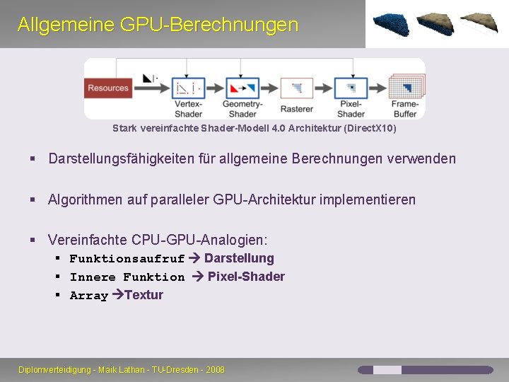 Allgemeine GPU-Berechnungen Stark vereinfachte Shader-Modell 4. 0 Architektur (Direct. X 10) § Darstellungsfähigkeiten für Allgemeine GPU-Berechnungen Stark vereinfachte Shader-Modell 4. 0 Architektur (Direct. X 10) § Darstellungsfähigkeiten für