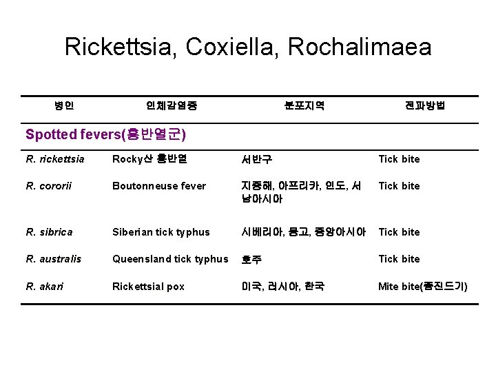 Rickettsia, Coxiella, Rochalimaea 병인 인체감염증 분포지역 전파방법 Spotted fevers(홍반열군) R. rickettsia Rocky산 홍반열 서반구