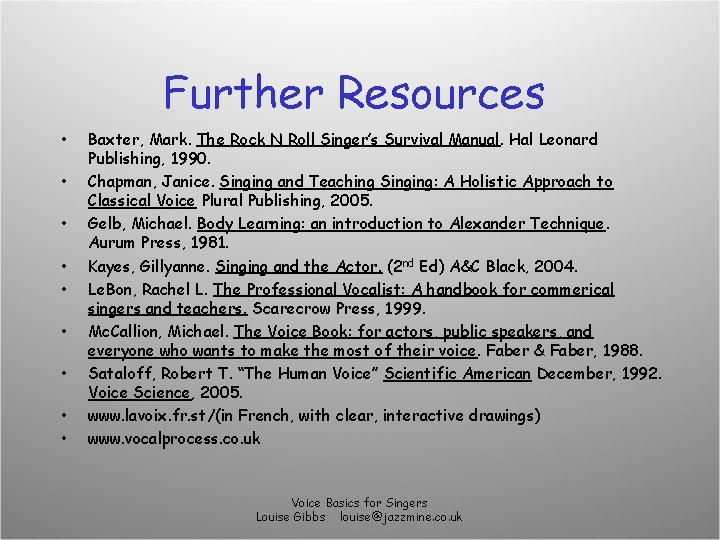 Further Resources • • • Baxter, Mark. The Rock N Roll Singer’s Survival Manual.
