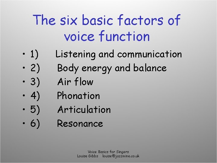 The six basic factors of voice function • • • 1) 2) 3) 4)