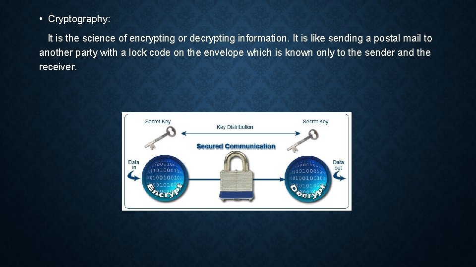  • Cryptography: It is the science of encrypting or decrypting information. It is