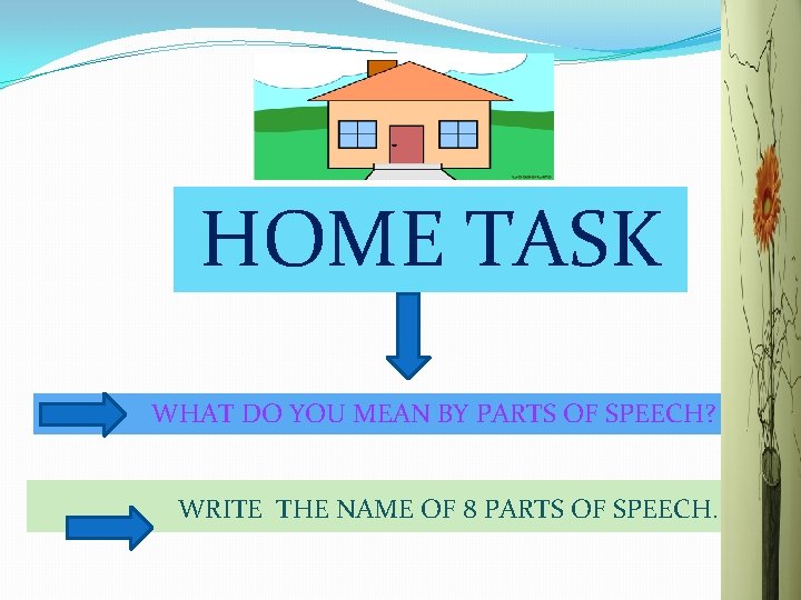 HOME TASK WHAT DO YOU MEAN BY PARTS OF SPEECH? WRITE THE NAME OF