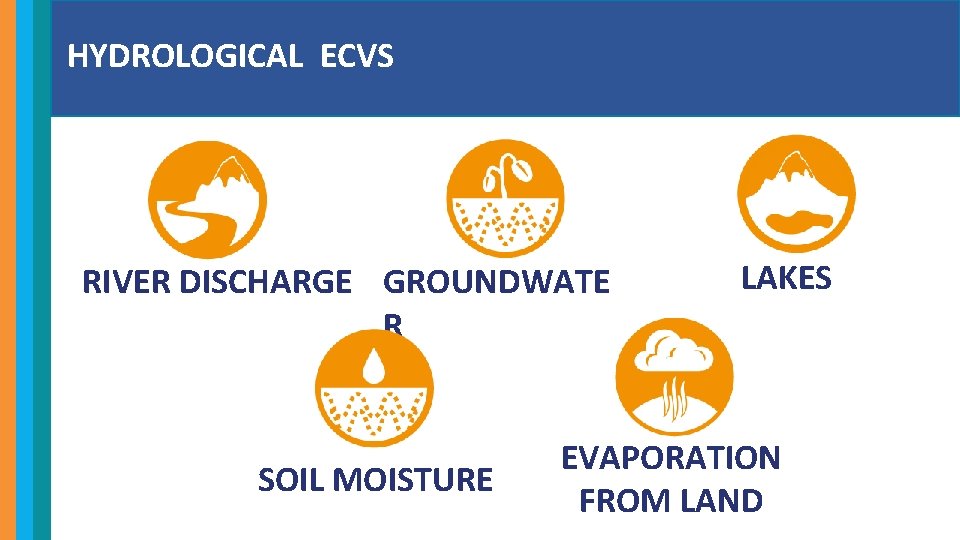 HYDROLOGICAL ECVS RIVER DISCHARGE GROUNDWATE R SOIL MOISTURE LAKES EVAPORATION FROM LAND 