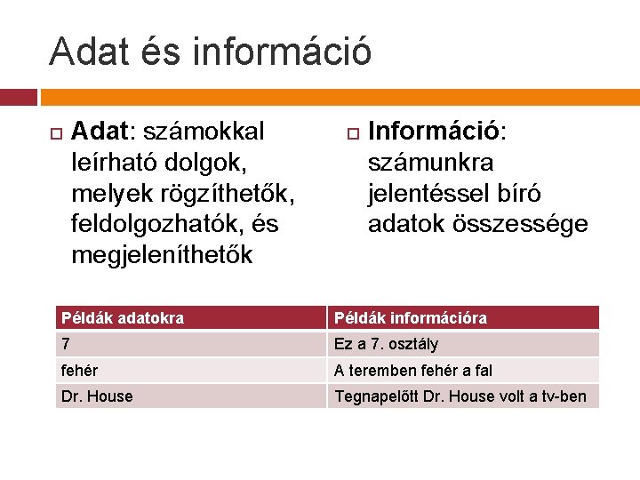 Adat és információ Adat: számokkal leírható dolgok, melyek rögzíthetők, feldolgozhatók, és megjeleníthetők Információ: számunkra Adat és információ Adat: számokkal leírható dolgok, melyek rögzíthetők, feldolgozhatók, és megjeleníthetők Információ: számunkra