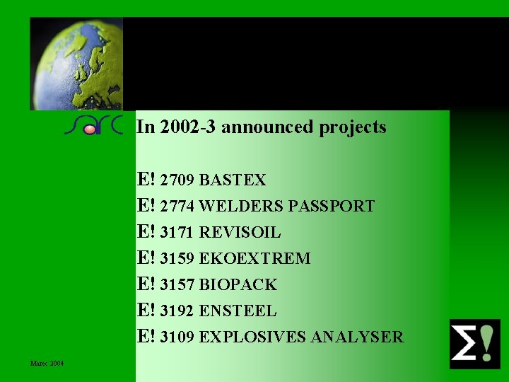 In 2002 -3 announced projects E! 2709 BASTEX E! 2774 WELDERS PASSPORT E! 3171